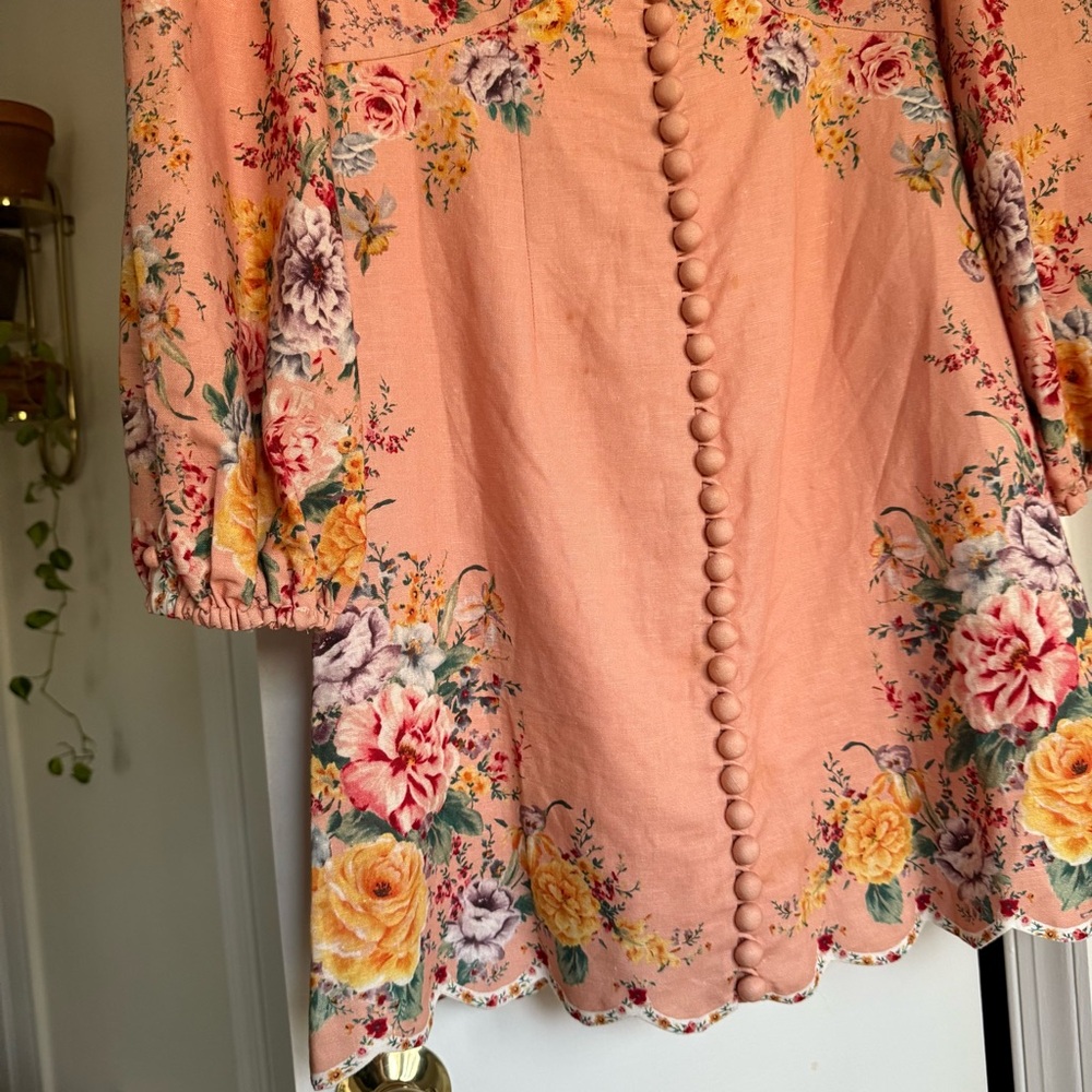 Zimmermann Zinnia Scallop Mini Dress Pink Floral Long Sleeve Linen - Size XS - Picture 8 of 15
